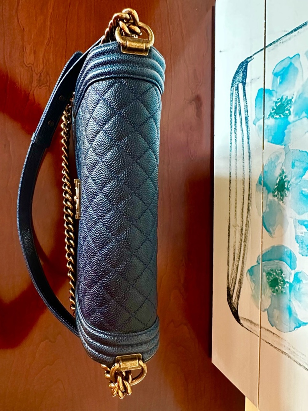 CHANEL Dark Navy Quilted Boy Flap Shoulder Bag with Gold Chain - Picture 7 of 16